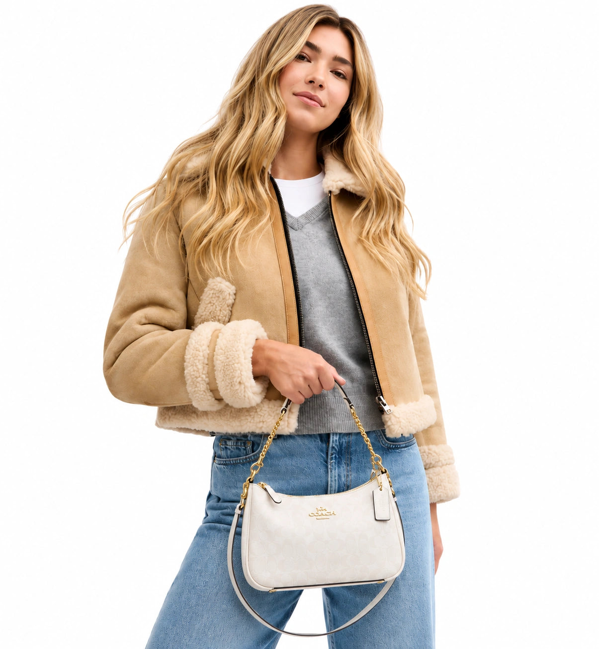 Teri Shoulder Bag In Signature Canvas - Gold/White